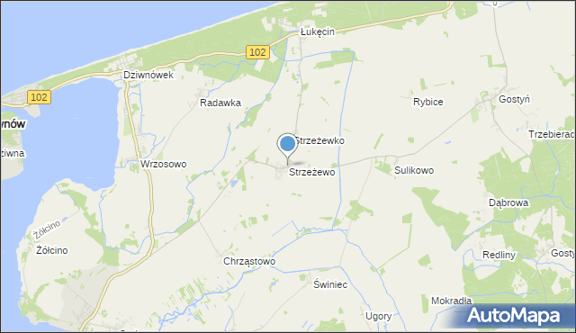 mapa Strzeżewo, Strzeżewo gmina Kamień Pomorski na mapie Targeo